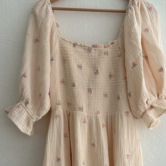 Cotton Gauze Cream Embroidered Floral Dress - Picture 1 of 5